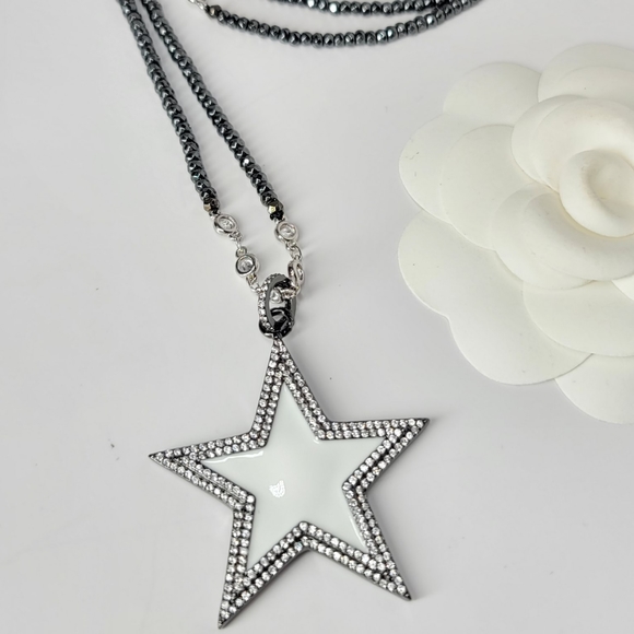 White Enamel Star Pave CZ long Hematite Necklace - Picture 2 of 11